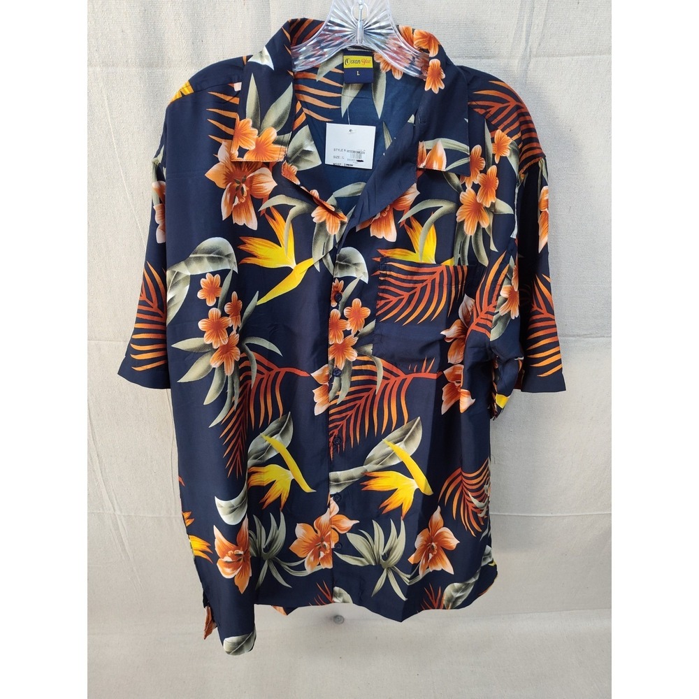 Ocean Blue Men Tropical Floral Bird of Paradise Button Down Shirt Navy Large NWT